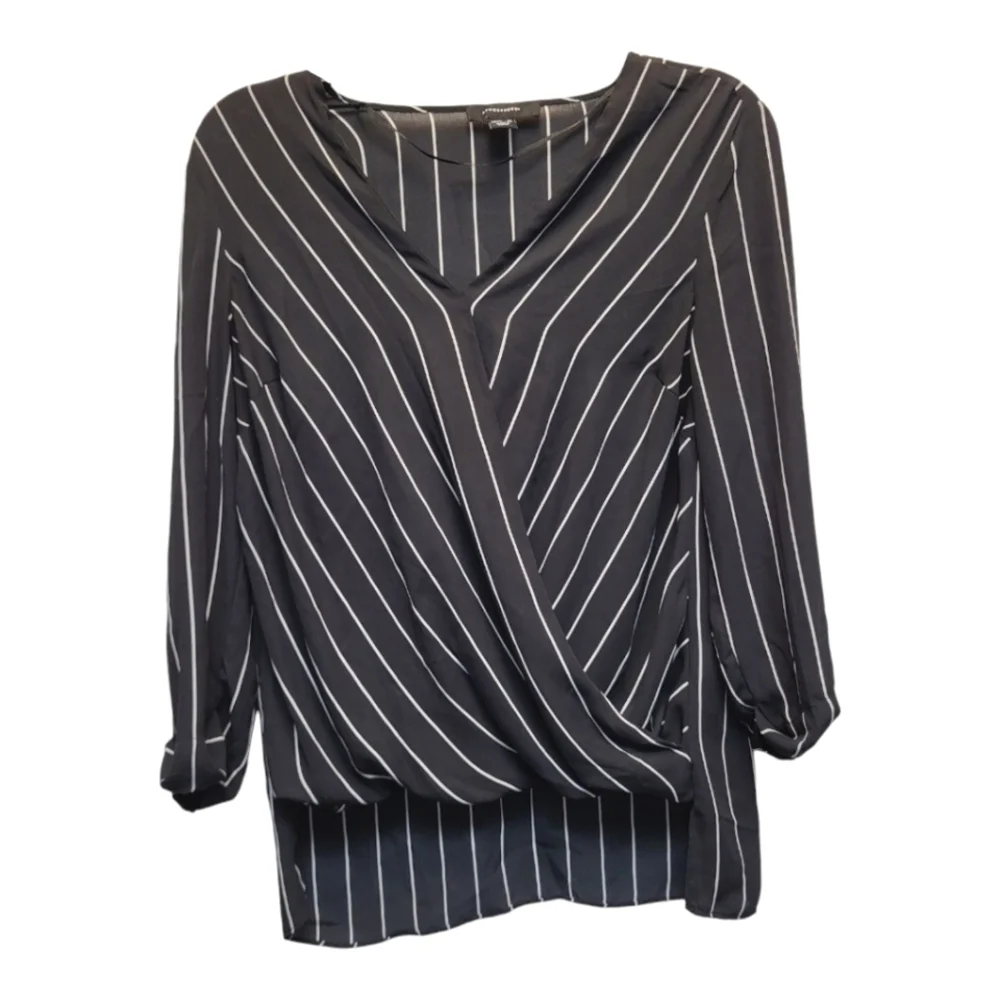 Atmosphere Black and White Striped Wrap Blouse with 3/4 Sleeves - Size 8